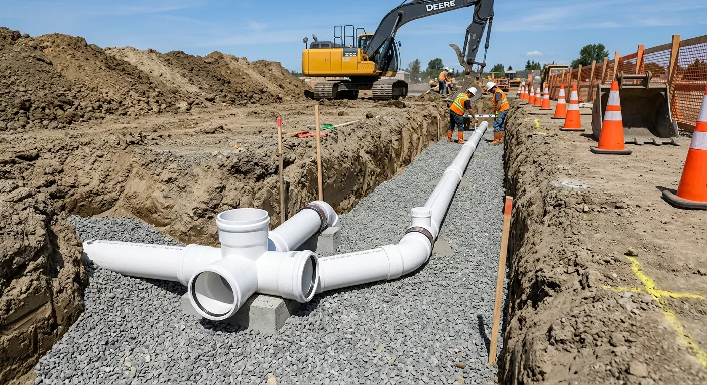 New PVC sewer pipe installation in open trench for Commercial Drain Cleaning in Paducah