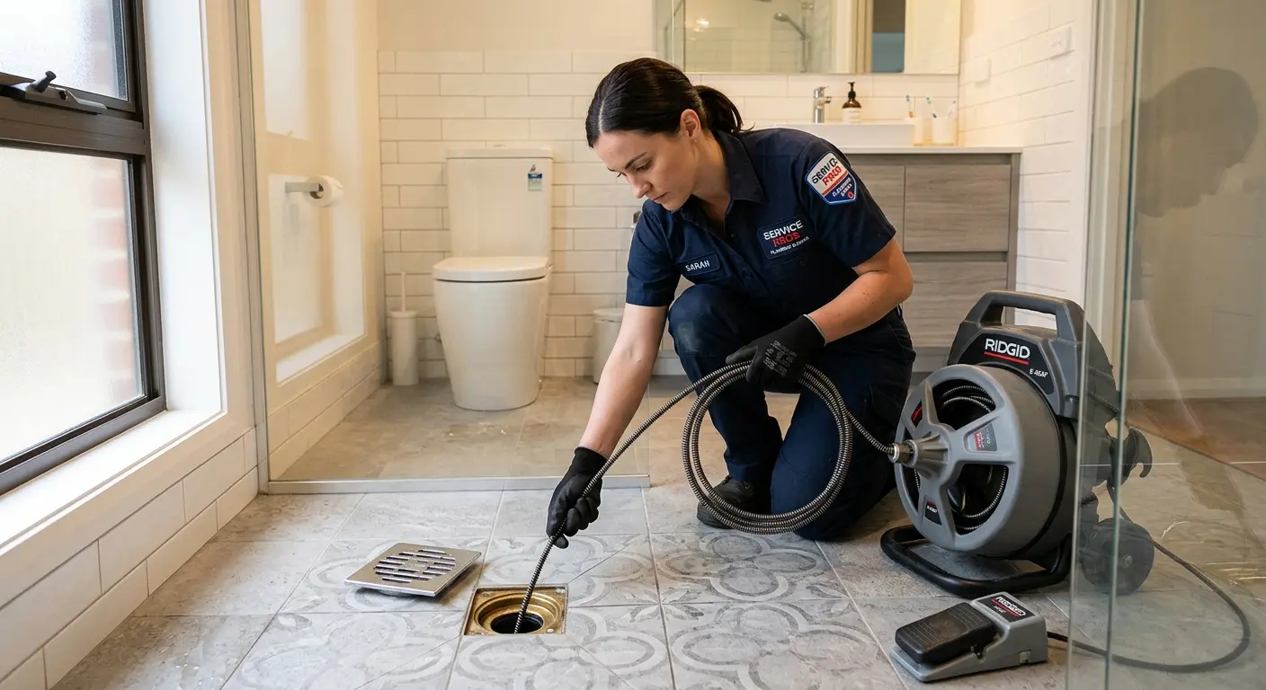 Technician clearing a bathroom floor drain for Hydro Jetting in Paducah